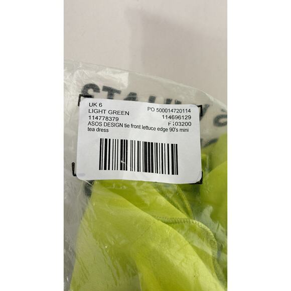 ASOS Tie Front Lettuce Edge 90s Mini Tea Dress Light Green Womens Size 2 New - Picture 13 of 13